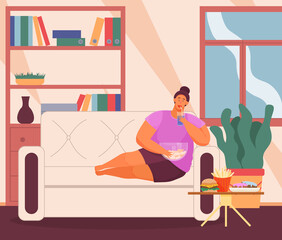 Overweight girl resting on sofa at home and has bad lifestyle. Fat young woman eating junk food