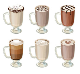Set with different sorts of coffee in glass. Illustration on white background.
