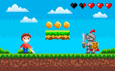 Obraz na płótnie Canvas Brave man with steel sword fighting against pixel knight. Enemy attacks human in pixel-game scene