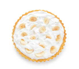 Tasty banana pie on white background
