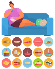 Fat woman eating fast food on sofa. Overweight girl resting at home alone. Unhealthy dishes symbols
