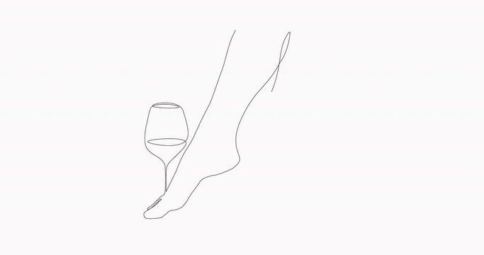Self Drawing of one line Vector girls leg with glass of wine. Self-drawing a simple animation of one continuous line. 4K Stock video Animated sketch vector drawing.  One line drawing of woman legs.