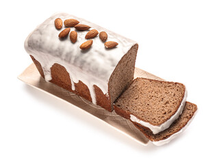 Tray with tasty gingerbread cake on white background