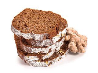 Pieces of gingerbread cake on white background