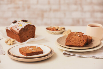 Composition with tasty gingerbread cake on table