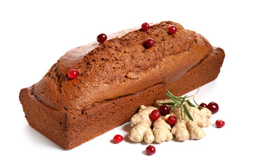 Tasty gingerbread cake on white background