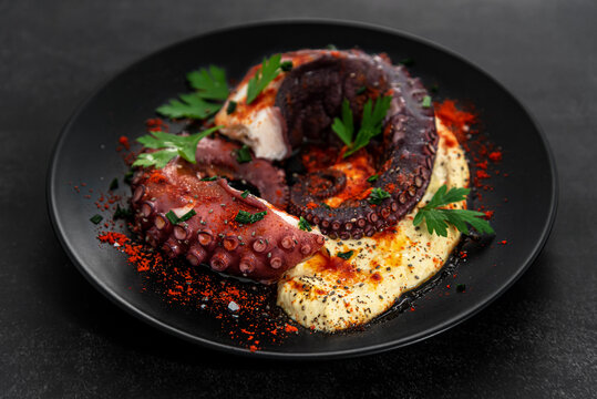 Grilled Octopus with hummus and spices on a dark background