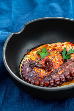Grilled Octopus with hummus and spices on a blue background