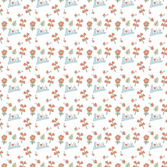 Pattern with flowers, butterflies, leaves and LOVE text with heart shapes on a white background. Used for wallpapers, wrapping paper and other users. 