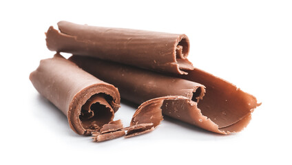 Delicious chocolate curls on white background