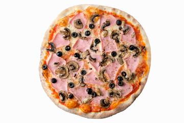 Pizza on white background isolated above view. Delicious homemade pizza top view.