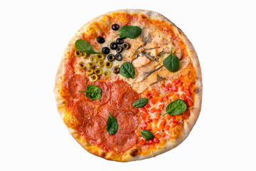 Pizza on white background isolated above view. Delicious homemade pizza top view.