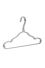 Subject shot of silver metal clothes hanger with horizontal bar for pants and cut notches for keeping thin straps in place. Ultra thin and strong coat hanger is isolated on the white background.