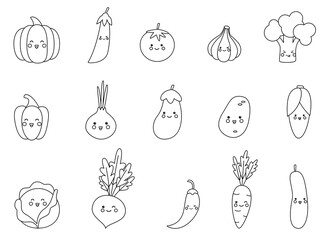 Color cute kawaii vegetables. Coloring page for kids.