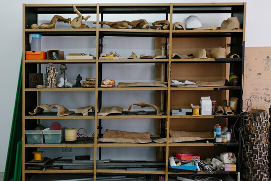 Detail of shelf on sculptor workshop