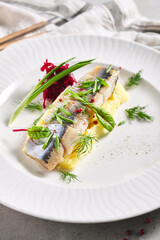 Herring Fish and Mashed Potatoes Plate. Garnished with green onion and beet salad. White restaurant plate on grey table. Salad, Healthy, Appetizer rustic food concept.