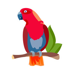 Tropical parrot on a branch in the jungle. Red parrot sits on a branch with tropical leaves. vector cartoon flat illustration