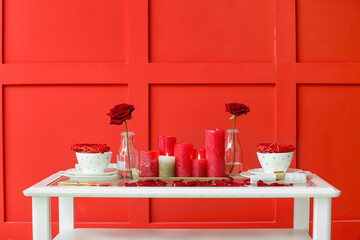 Festive table setting for Valentines Day celebration in room