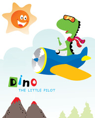 vector illustration. Colorful graphics dinosaur flies in the sky on an airplane. Print for children's t-shirts and hand-drawn cards.