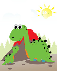 Obraz premium Cute dinosaurs with volcano eruption on a blue cloudy sky background. Vector nature landscape with extinct animals. Cute dino sports t-shirt for kids Vector illustration.