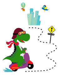 Fototapeta premium Cute dinosaurs cartoon characters riding transport, vector illustration. Dino town with childish animals street traffic, dinosaur driving scooter, airplane and air balloon.