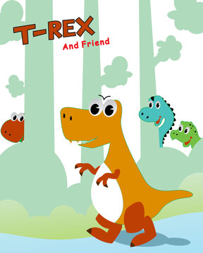 Vector illustration of a friendly Tyrannosaurus Rex and friend in a forest. cute cartoon dino character for children and scrap book