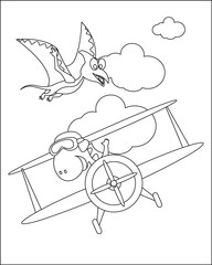 vector illustration of dinosaur flies in the sky on an airplane. Creative vector Childish design for kids activity colouring book or page.