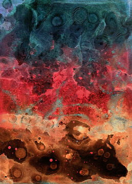 Dark Watercolour painted Abstract in gold, red and blue