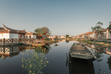 Fototapeta na wymiar Landscapes with old buildings in Daimei village, a traditional Chinese village with neat rows of houses in Zhangzhou, Fujian, China