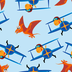 Seamless pattern vector of dinosaur flies in the sky on an airplane. Creative vector childish background for fabric, textile, nursery wallpaper, card, poster