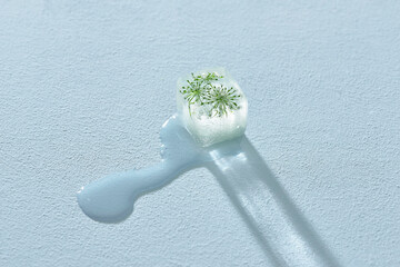 Frozen flower in ice cube on color background, top view, copy space for text