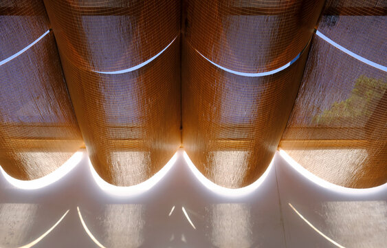 Close-up of bamboo curtain under glass skylight