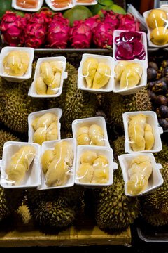 Durian fruit on sale in a street market