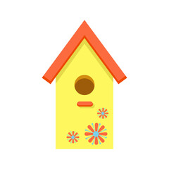 Bright yellow birdhouse with red roof, decorated with flowers, isolated on white background. Protection of birds and animals. International Bird Day. Spring vector illustration in flat cartoon style  