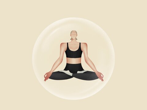 Yoga girl in lotus position inside the bubble. self-isolation concept