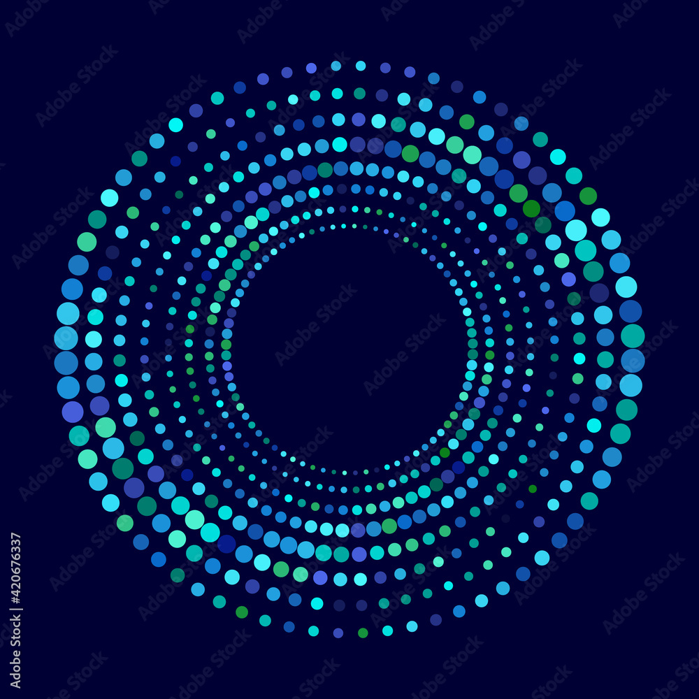 Poster abstract blue dotted circle vector background. halftone effect. spiral dotted background or icon.