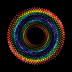 Rainbow colors halftone dotted circle.  Magic colorful spiral with black background.