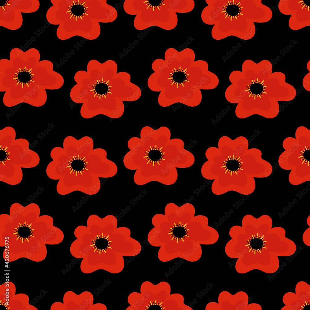Wall mural vector seamless pattern background with red poppy flowers on black. anzac day pattern background.