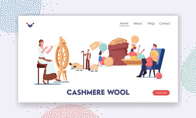 Cashmere Producing Landing Page Template. Woman Spinning Wool on Wheel, Shepherd Grazing Goats, Man Knitting Clothing