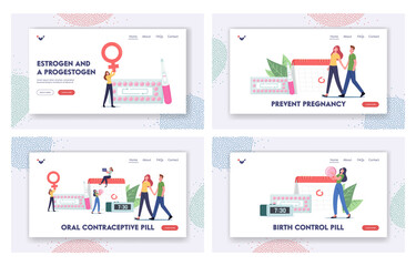 Obraz na płótnie Canvas Female Hormonal Contraception Landing Page Template Set. Woman Apply Oral Contraceptives for Birth Control