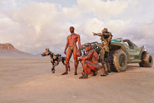 Futuristic soldiers with robot dog cyborg and jeep in desert pointing