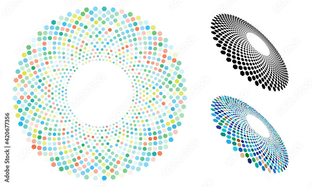 Poster Abstract halftone circles with hexagons. Different perspective and colors good as logo or icon.