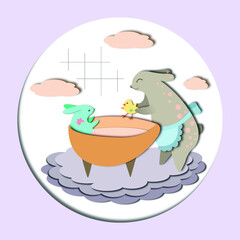 Easter illustration. Paper cut effect card. Mom bathes Easter bunny and his friend chick in the bath. Easter bunny bath is made in the shape of half an eggshell. 