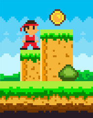 Pixel-game ninja male brave character. Pixelated natural landscape with warrior standing near coin © robu_s