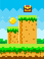 Pixel-game background with coins in sky. Pixel art game scene with green grass platform and chest