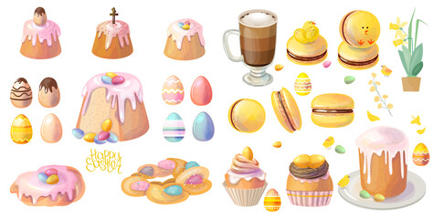 Fototapeta na wymiar Big set with festive desserts for Easter. Cakes, painted eggs and spring traditional sweets isolated on white background. Yellow and pink color. Illustration for restaurant and cafe menu.