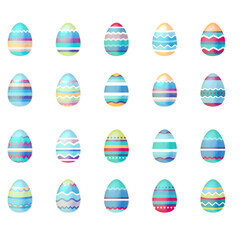 Big set with blue painted eggs. Festive Easter elements can be used for spring illustrations.