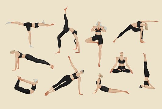 illustration of women practicing yoga. Isolated girls in different yoga poses. Healthy lifestyle.