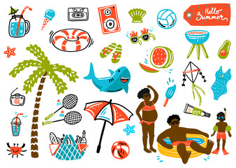 Summer design elements and a set of props for a photo studio. palm tree, ice cream, inflatable shark circle, glasses, negroes, children's pool. cartoon. hand drawing. vector illustration