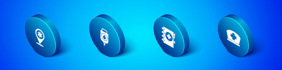 Set Isometric Map pointer with cross hospital, Medical clipboard, Nurse hat and IV bag icon. Vector